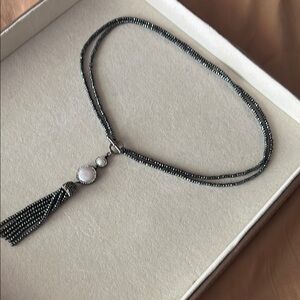 Sophisticated Silver and Black Tassel Necklace with Pearl Accent
